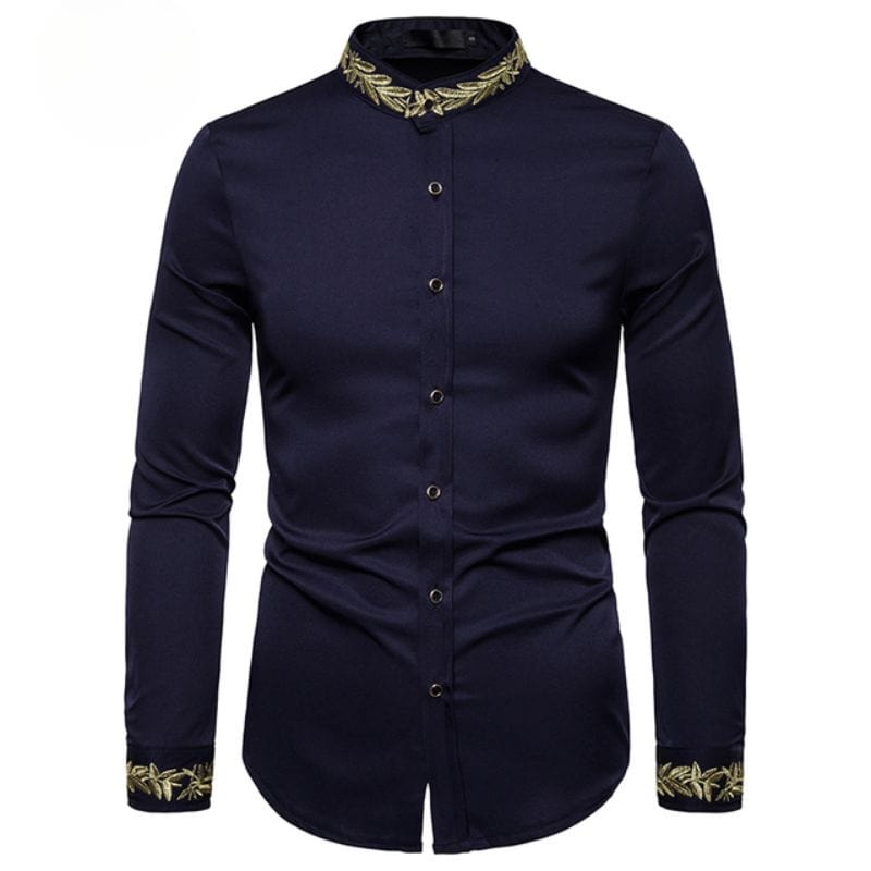 Chemise à Col Mao Brodée | Style Élégant - The Steampunk Emporium Bleu Marine / S