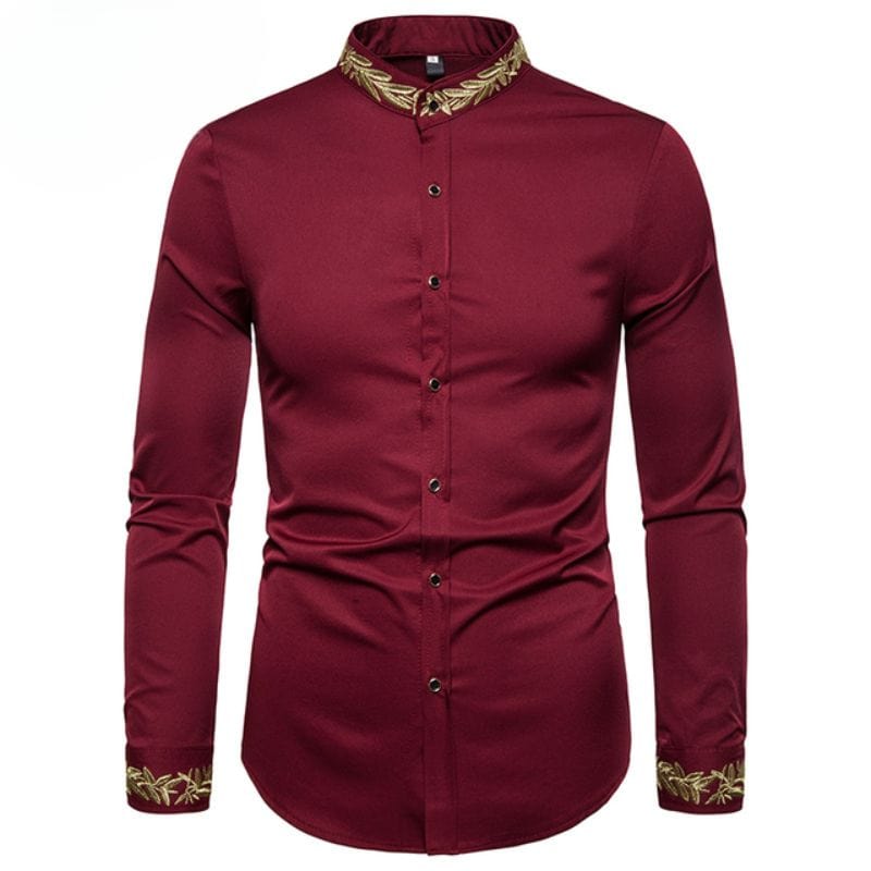 Chemise à Col Mao Brodée | Style Élégant - The Steampunk Emporium Rouge / S