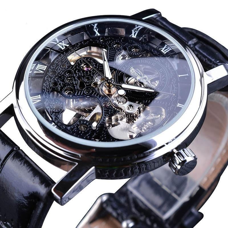 Montre Homme Squelette Bracelet Simili | EliteChrono - The Steampunk Emporium Argent et Noir