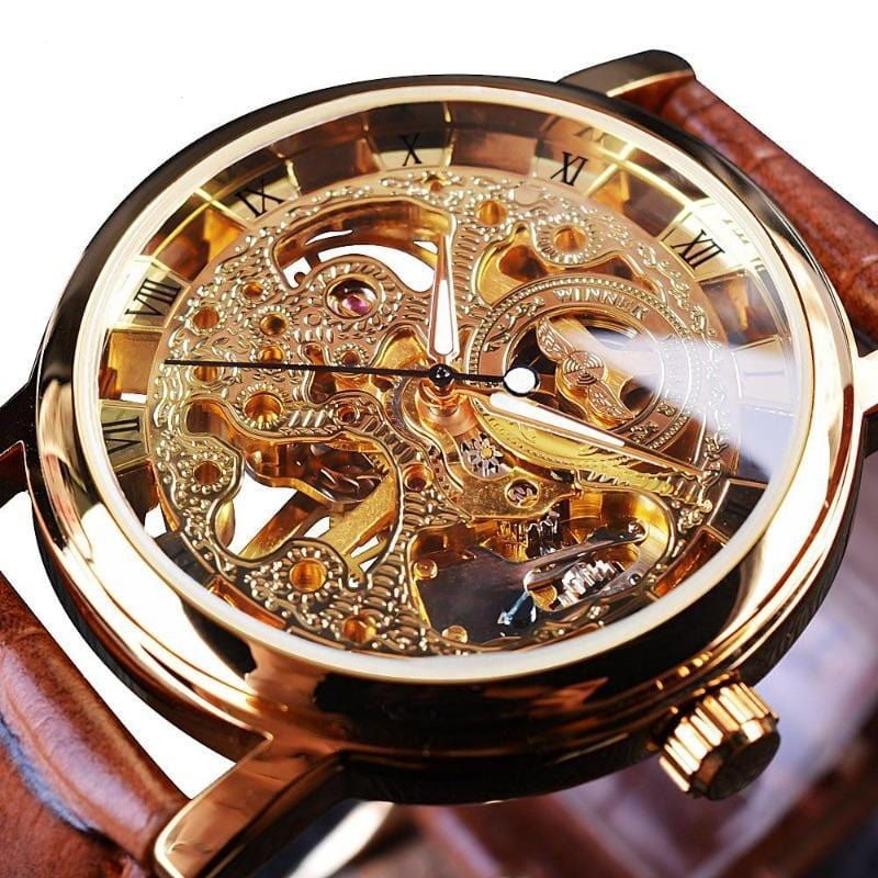 Montre Homme Squelette Bracelet Simili | EliteChrono - The Steampunk Emporium Or et Marron