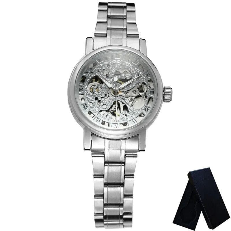 Montre Luxe Femme Squelette Apparent | SparkleTime - The Steampunk Emporium Argent avec boite