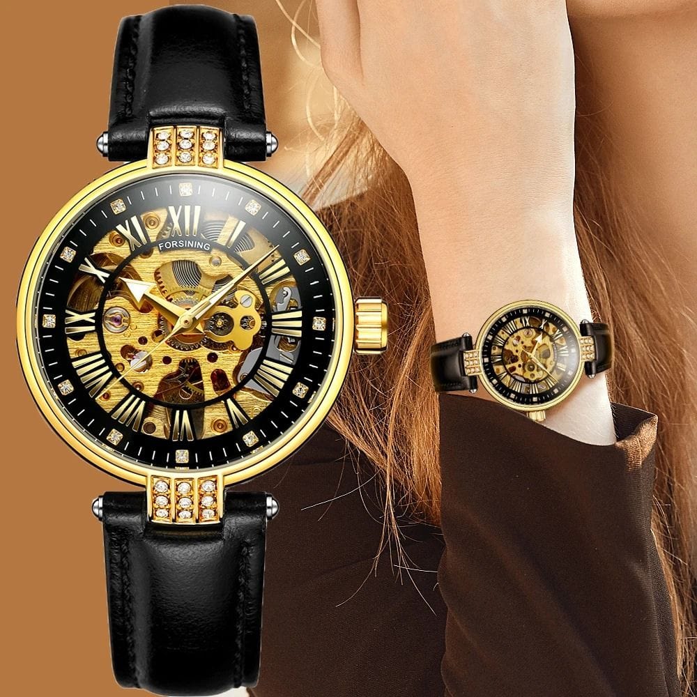 Montre Squelette Femme Bracelet Cuir | Luxe Élégant - The Steampunk Emporium