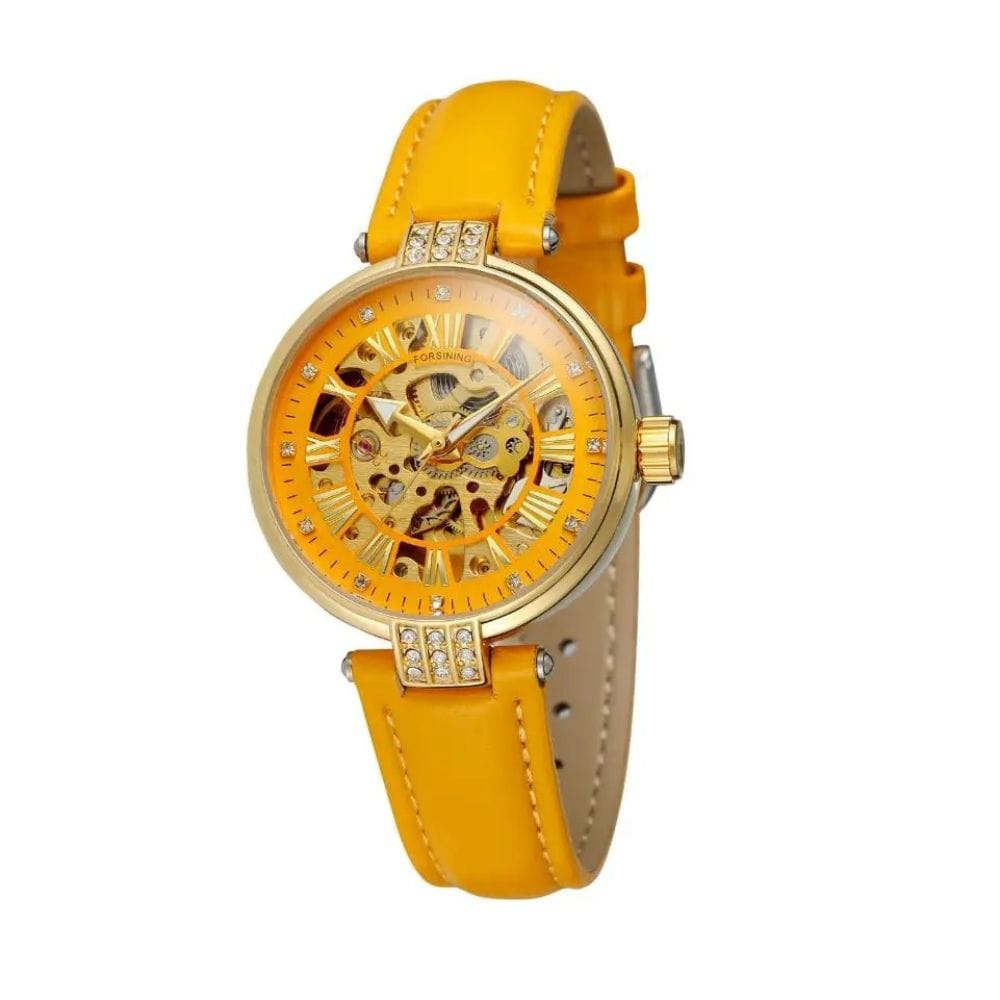 Montre Squelette Femme Bracelet Cuir | Luxe Élégant - The Steampunk Emporium Jaune