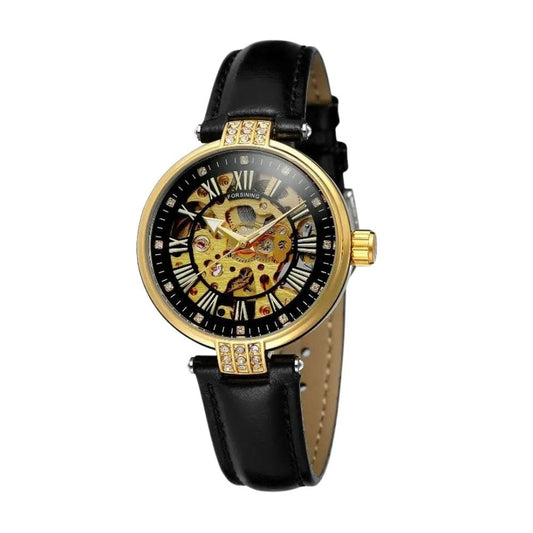 Montre Squelette Femme Bracelet Cuir | Luxe Élégant - The Steampunk Emporium Noir