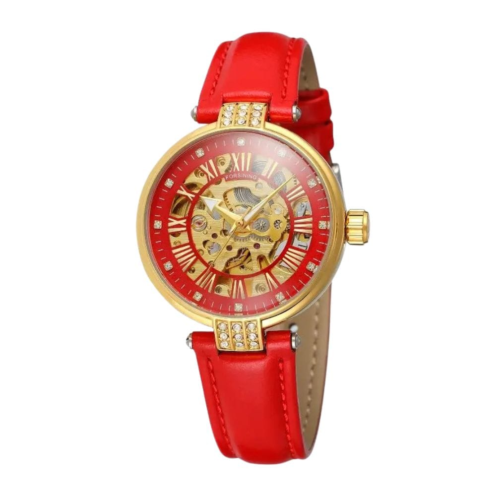 Montre Squelette Femme Bracelet Cuir | Luxe Élégant - The Steampunk Emporium Rouge