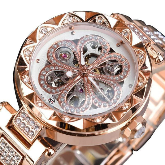 Montre Squelette Femme Luxe | DiamondGlow - The Steampunk Emporium Or Rose et Blanc