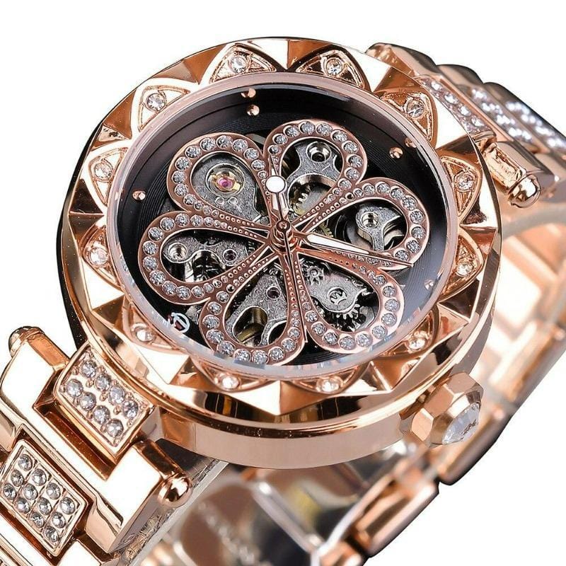 Montre Squelette Femme Luxe | DiamondGlow - The Steampunk Emporium Or Rose et Noir