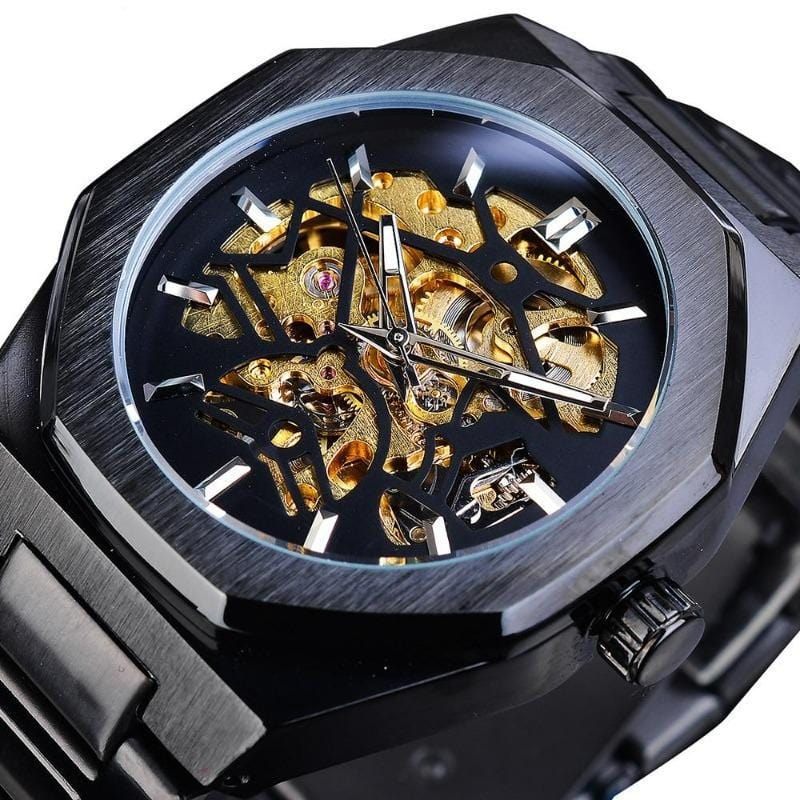 Montre Steampunk Cadran Hexagonal | LuxeCraft - The Steampunk Emporium Noir et Doré